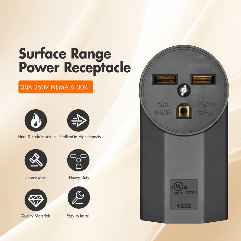 micmi NEMA 6-30R Receptacle 2-Pole 3-Wire Surface Mount Range Power Receptacle, Industrial Grade 30A 125/250V UL Listed, Black (NEMA 6-30R) - Image 2